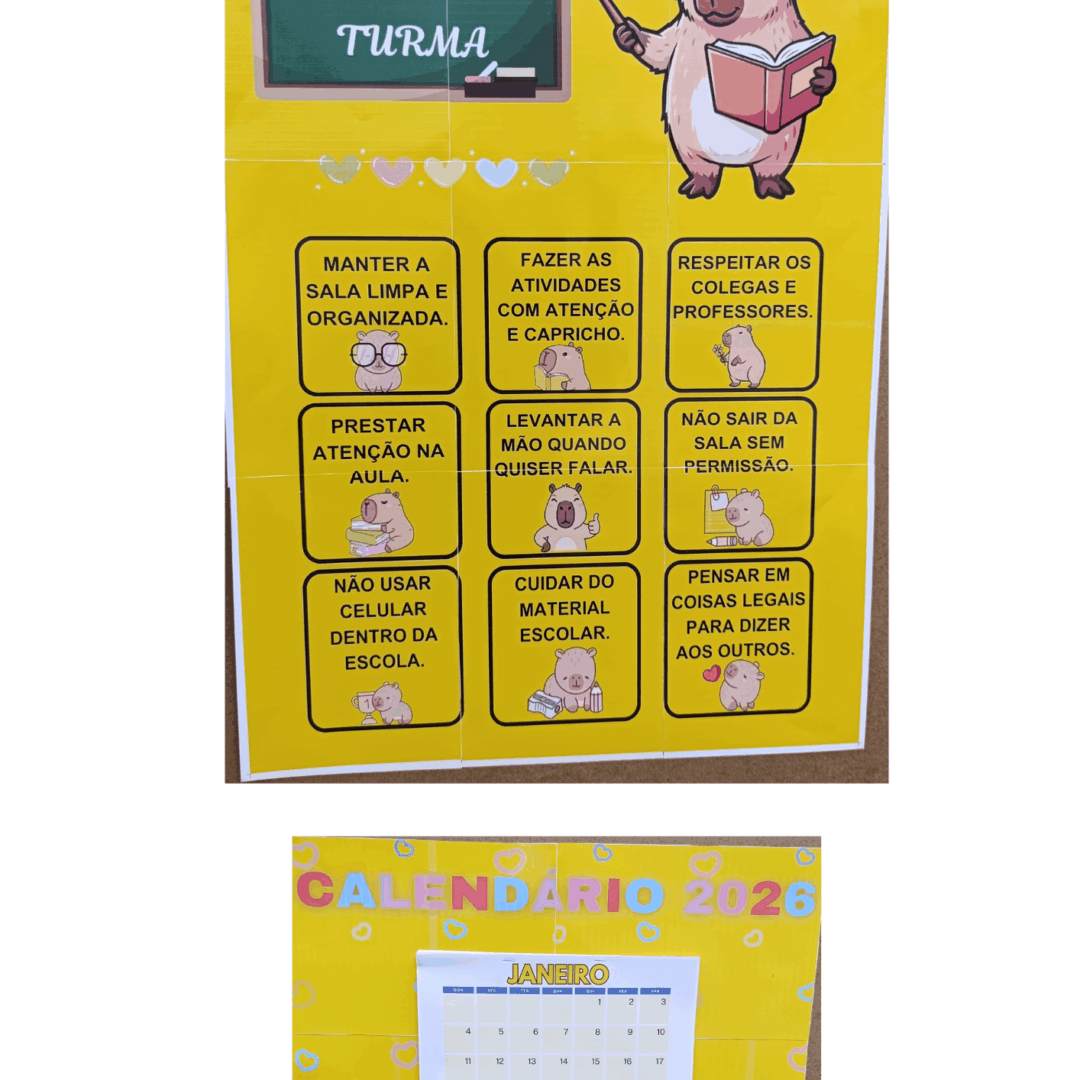KIT PARA SALA DE AULA - 1 CALENDÁRIO DE PAREDE E 1 PAINEL DE COMBINADOS TEMA: CAPIVARA