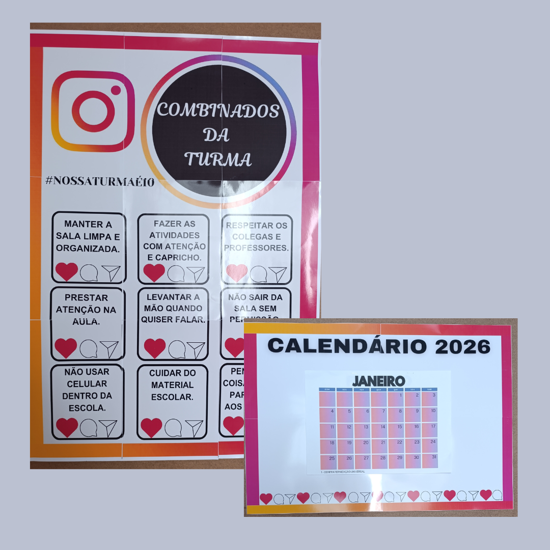 KIT PARA SALA DE AULA - 1 CALENDÁRIO DE PAREDE 1 PAINEL DE COMBINADOS TEMA: INSTAGRAM